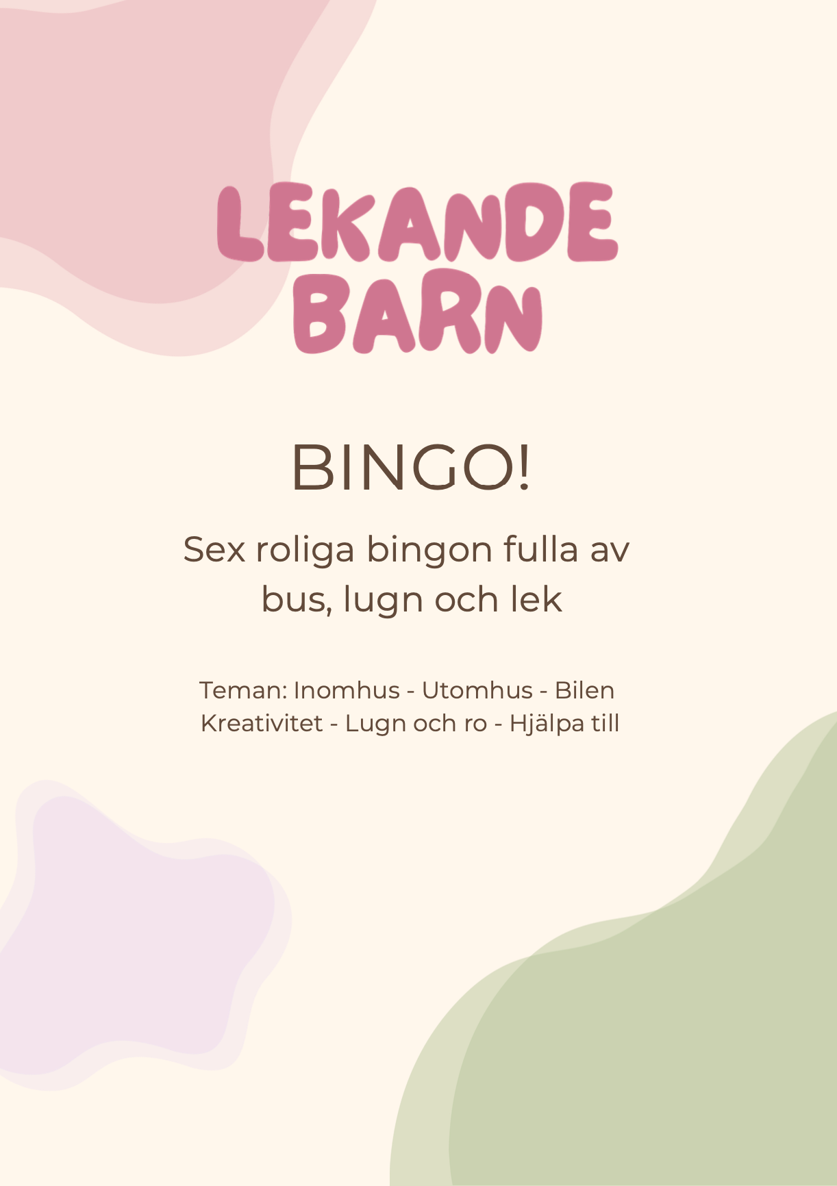 Bingopaket med 6 roliga bingon fulla av bus, lugn och lek, för en skärmfri vardag