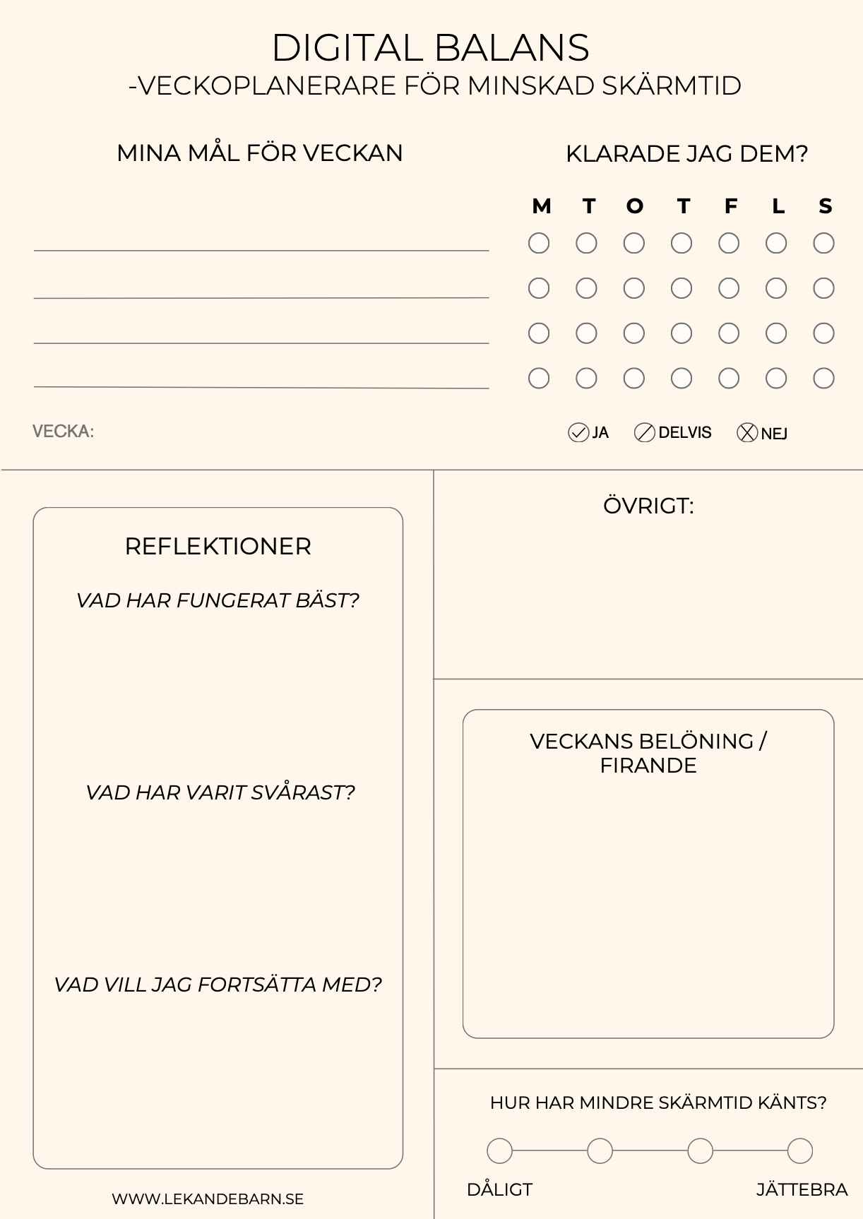 Planerare för digital balans och minskad skärmtid. Mål, reflektioner, uppföljning och belöningar