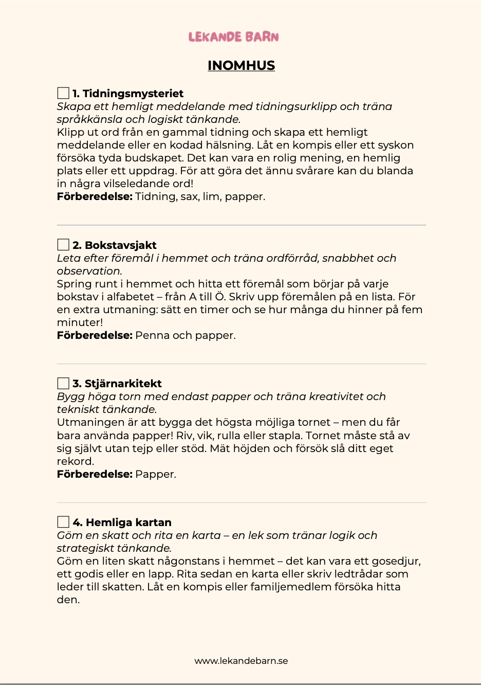 Skärmfria inomhuslekar för barn 7-12 år, med instruktioner och förberedelser