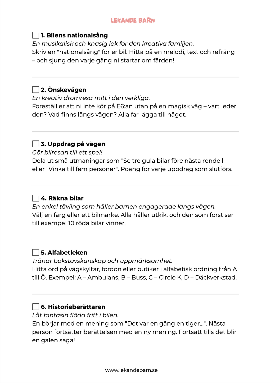 Bilresepaketet  - 30 skärmfria lekar