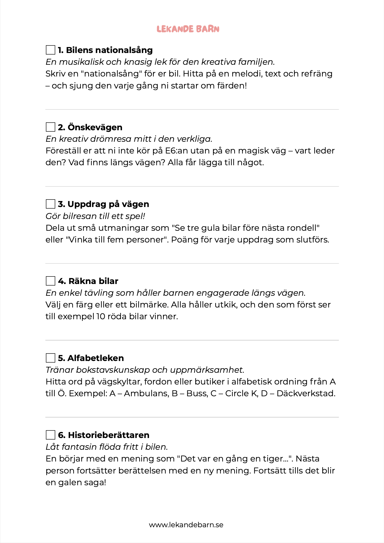 Bilresepaketet  - 30 skärmfria lekar