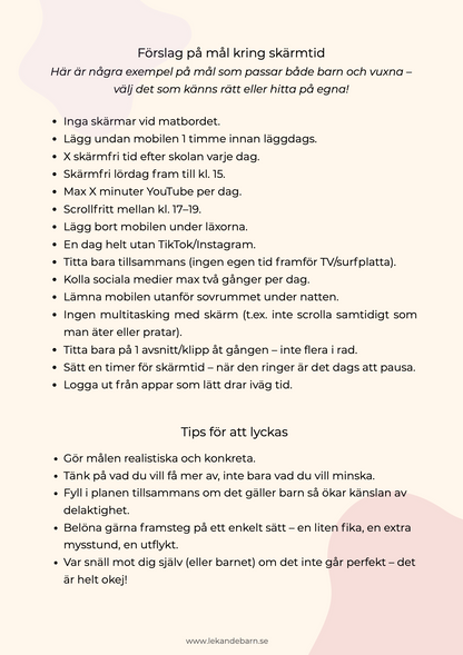 Veckoplanerare för digital balans och mindre skärmtid för barnen. Förslag på mål kring skärmtid och tips för att lyckas