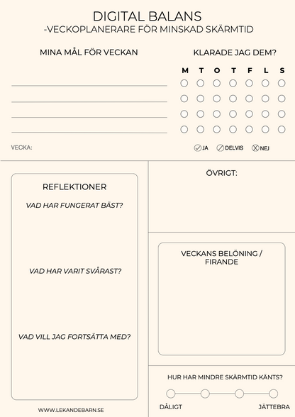 Planerare för digital balans och minskad skärmtid. Mål, reflektioner, uppföljning och belöningar