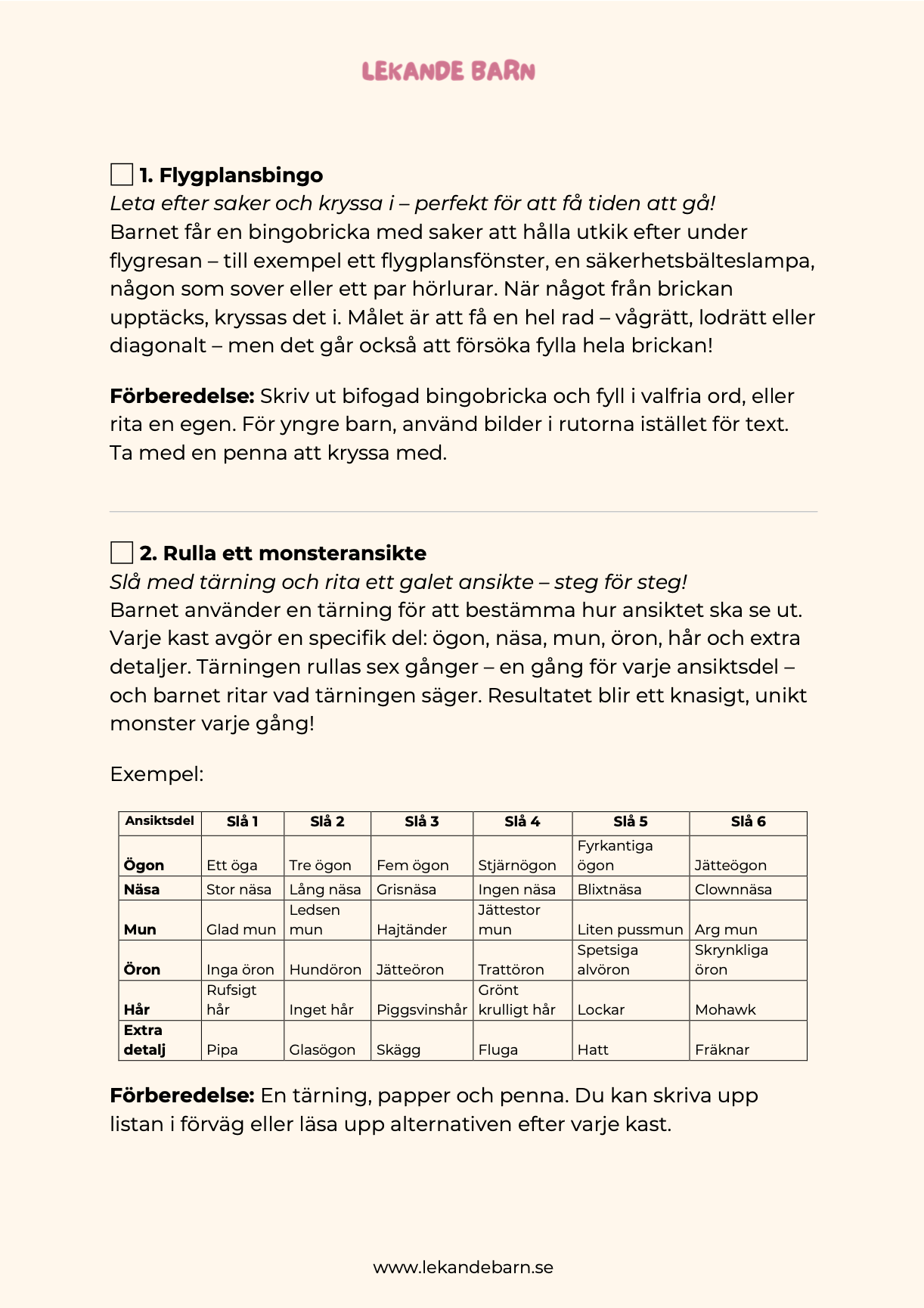 Flygplansbingo skärmfri lek från flygpaketet för lekande barn