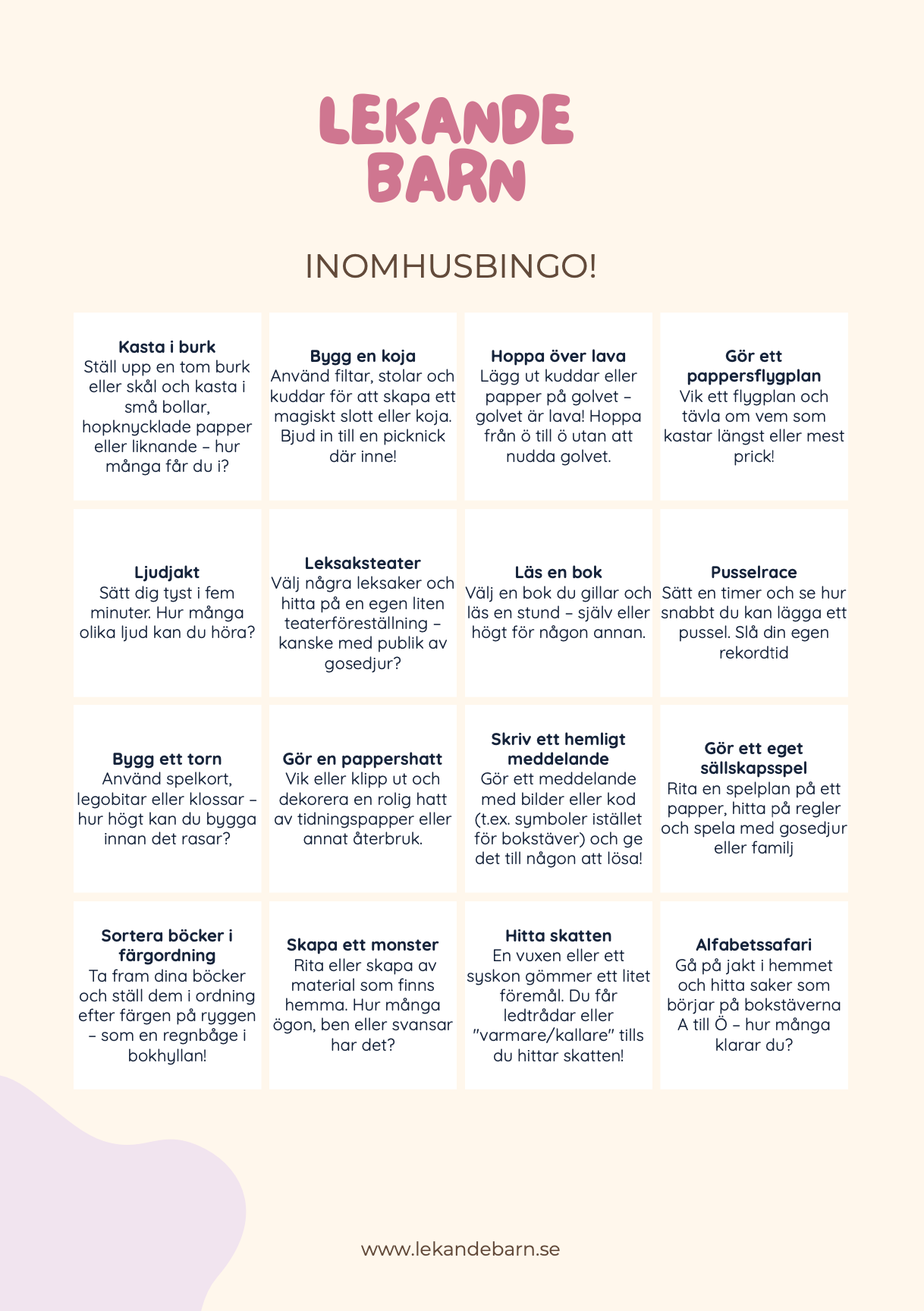 Ett roligt inomhusbingo, skärmfri inomhuslek för barnen 